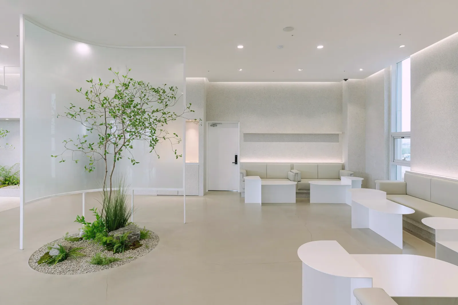 Clean, modern clinic lounge with soft light