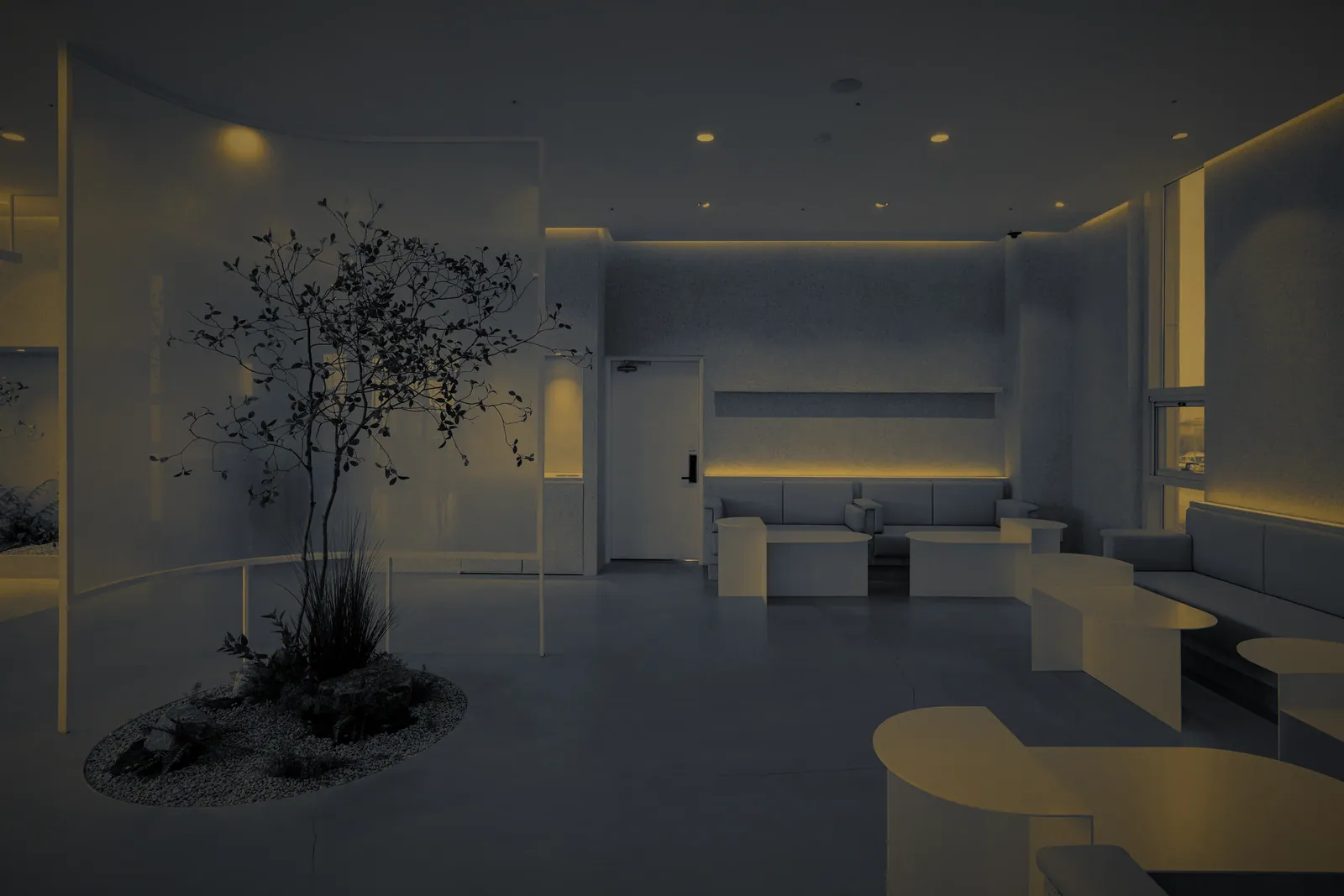 A quiet, dimly lit clinic lounge